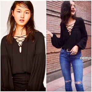 NWT ZARA Lace Up Balloon Sleeve Bodysuit